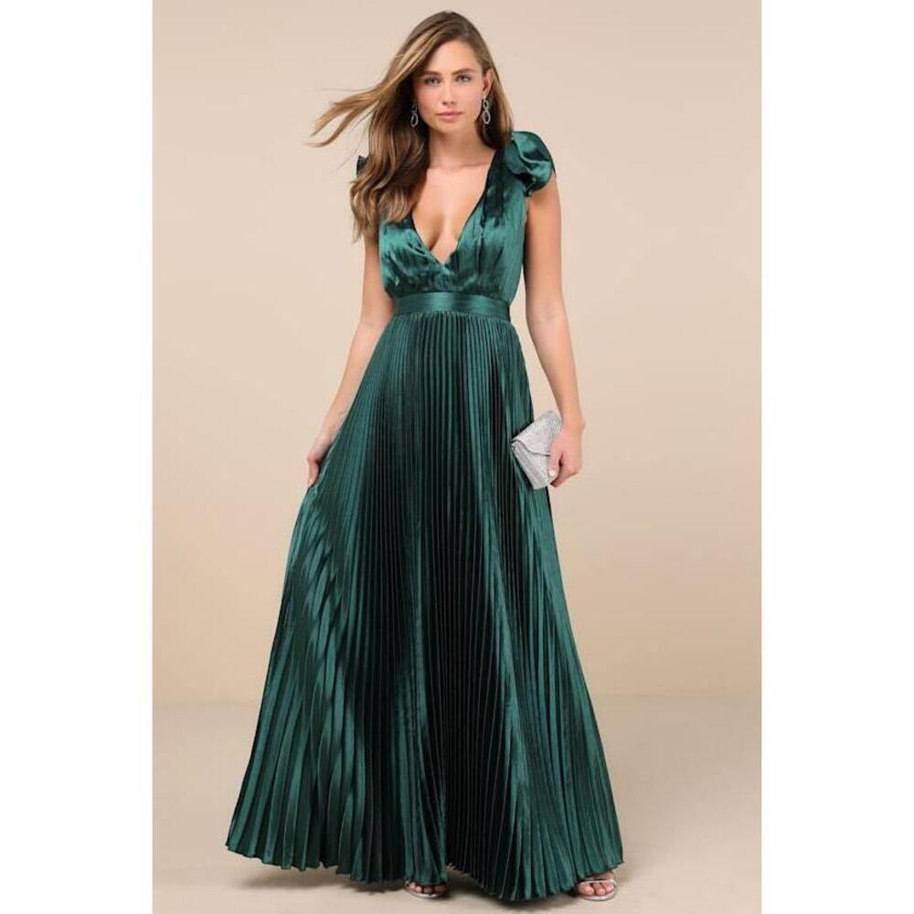 Lulus Exceptional Drama Emerald Satin Lace-up Pleated Maxi Dress Green - Size XS